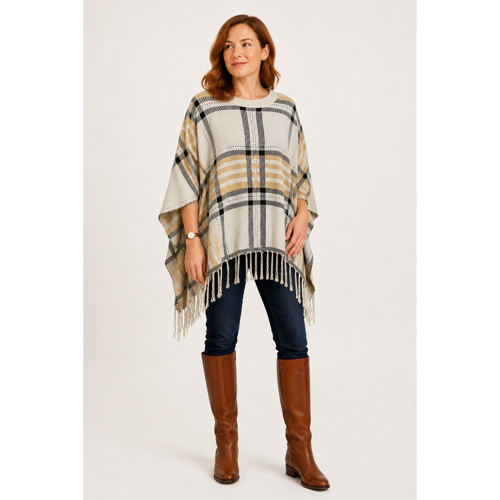 Merino Wool Blend Plaid Poncho Sweater L Ivory Mustard‎ Fringe Preppy Cabincore